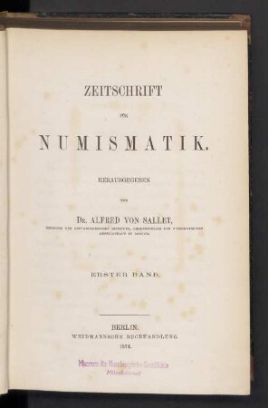 1.1874: Zeitschrift für Numismatik