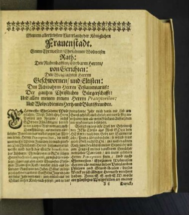 Meinem allerliebsten Vaterland/ der Königlichen Frauenstadt ...