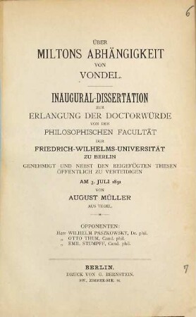 Über Miltons Abhängigkeit von Vondel