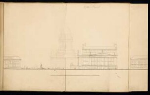 Schillerdenkmal auf dem Gendarmenmarkt, Berlin Monatskonkurrenz November 1859: Straßenschnitt entlang der Jägerstraße mit Blick nach Süden