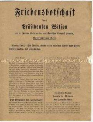 Sonderdruck mit dem vollständigen Text des Friedensvorschlages von US-Präsident Wilson