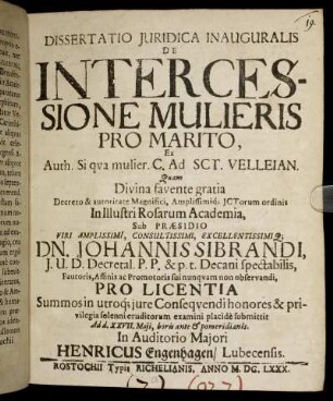 Dissertatio Iuridica Inauguralis De Intercessione Mulieris Pro Marito : Ex Auth. Si qua mulier. C. Ad Sct. Velleian.