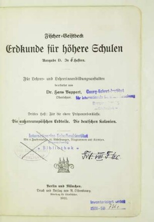 H. 3: Die außereuropäischen Erdteile, Die deutschen Kolonien : für die obere Präparandenklasse