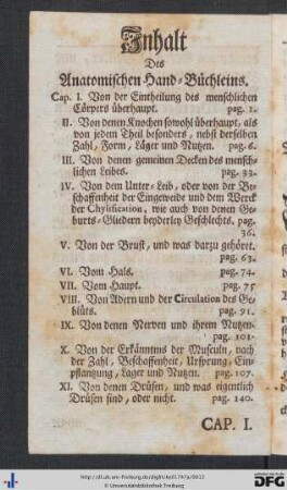 Inhalt des Anatomischen Hand-Büchleins.
