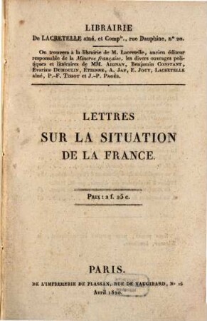 Lettres sur la situation de la France