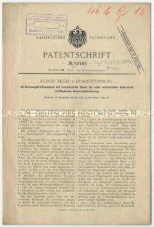 Patentschrift einer Verbrennungskraftmaschine mit veränderlicher Dauer der unter wechselndem Überdruck stattfindenden Brennstoffeinführung, Patent-Nr. 82168