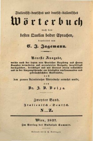 Dizionario italiano-tedesco e tedesco-italiano : compilato sui migliori vocabolarii di queste due lingue, 2. Italiano-tedesco, N - Z