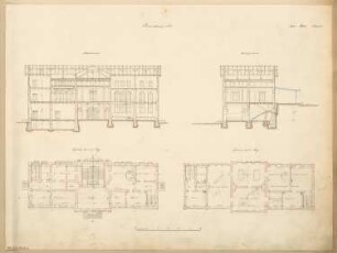 Kopfbahnhof Monatskonkurrenz Dezember 1868: Grundriss Erdgeschoss, Obergeschoss, Längsschnitt, Querschnitt; Maßstabsleiste