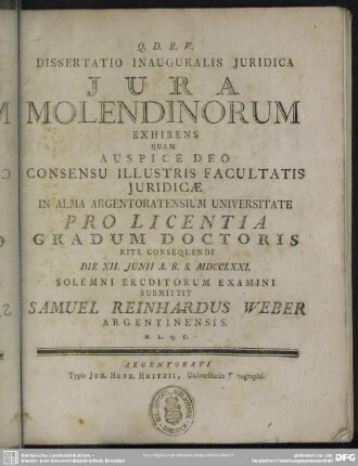 Dissertatio Inauguralis Iuridica Iura Molendinorum Exhibens