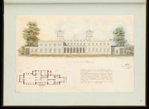 Kaffeehaus am Landwehrkanal, Berlin Monatskonkurrenz April 1851: Grundriss Erdgeschoss, Aufriss Längsansicht; 2 Maßstabsleisten