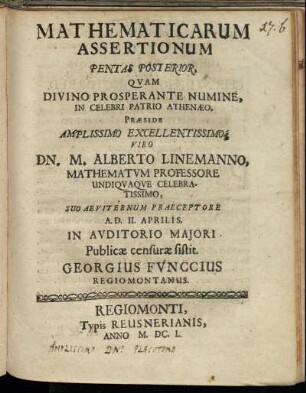 Mathematicarum Assertionum Pentas Posterior