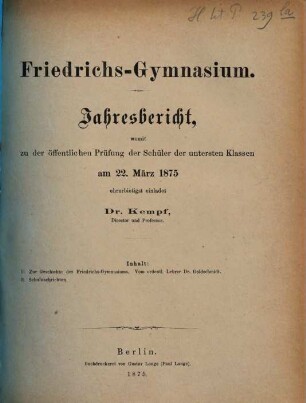 Jahresbericht : über das Schuljahr Ostern ..., 1874/75 (1875)