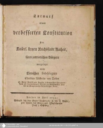 Entwurf einer verbesserten Constitution der Kaiserl. freyen Reichsstadt Aachen