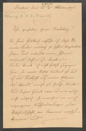 Brief an Oskar Eichberg : 15.10.1891