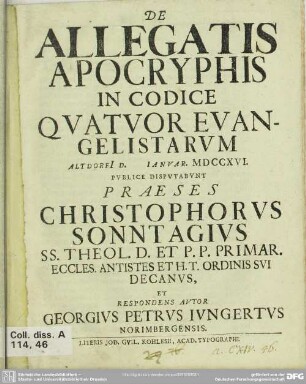 De Allegatis Apocryphis In Codice Qvattvor Evangelistarvm : Altdorfi D. Ianuar. MDCCXVI.