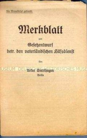 Merkblatt zum Gesetzentwurf für den vaterländischen Hilfsdienst