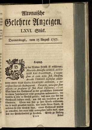 LXVI. Stück. Donnerstags, vom 25 August 1757