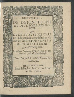 Disputatio II. De Definitione Et Divisione Feudorum ...