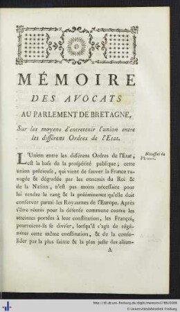 Mémoire Des Avocats Au Parlement De Bretagne, Sur les moyens d’entretenir l’union entre les différens Ordres de l‘Etat.