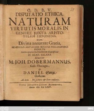 Disputatio Ethica, Naturam Virtutis Moralis In Genere Iuxta Aristotelem Exponens