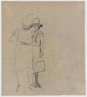 [o.T.]. Zwei sich gegenüber stehende Frauen mit Hüten (im Hintergrund dritte Figur angedeutet)