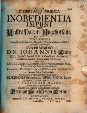 Diss. iur. de inobedientia impuni