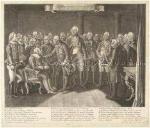 Gruppenbild mit General von Zieten und Friedrich dem Großen - Kopie nach Chodowiecki mit namentlicher Aufschlüsselung der Dargestellten