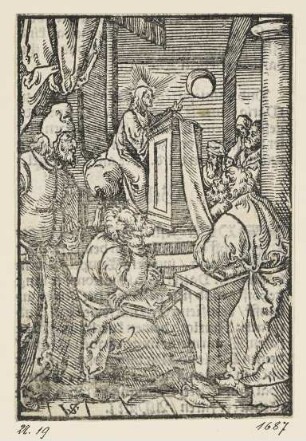 Christus lehrt im Tempel, aus: Georg Rhau, "Hortulus Animae", Nürnberg 1552, Teil 2, S. C6 verso