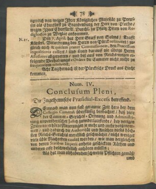 Num. IV. Conclusum Pleni, Die Ingelheimische Praesidial-Excess betreffend