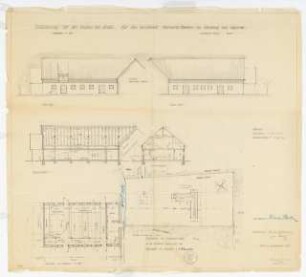 Umbau eines Stalles für Herrn Richard Becker, Kolberg: Ansichten, Schnitte, Grundriss EG alle M 1:100, Lageplan M 1:500