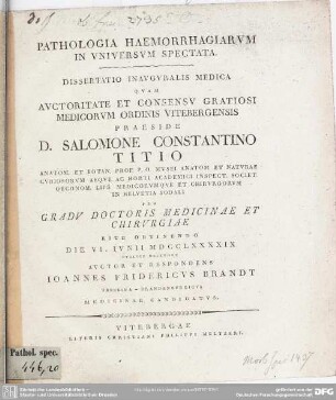 Pathologia Haemorrhagiarum In Universum Spectata : Dissertatio Inauguralis Medica