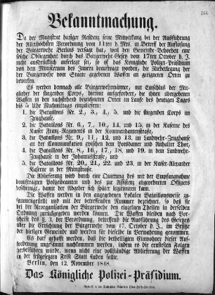 Bekanntmachung. Da der Magistrat hiesiger Residenz [...] (Sammlung Friedlaender)