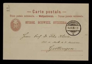 Nr. 11: Postkarte von Wilhelm Fiedler an Felix Klein, Hottingen , 16.10.1888