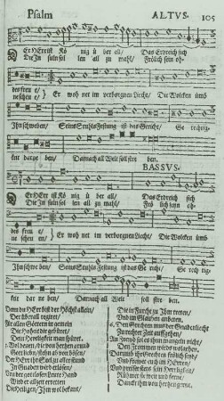 Schütz, Heinrich: Die Psalmen Davids : Schütz, Heinrich: Die Psalmen Davids, sogenannter Becker-Psalter, in der erweiterten und revidierten Zweitfassung. Gewidmet Johann Georg II., Kurfürst von Sachsen. SWV 97-256. Notenseite Altus und Bassus, 97. Psalm (SWV 195). Dresden: Gottfried Seyffert, 1661. Holzschnitt, Buchdruck; ca. 32,4 x 19,7 cm. Dresden: SLUB Mus.1479-E-5