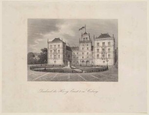 Das Denkmal für Herzog Ernst I. von Sachsen-Coburg und Gotha (1784-1844) auf dem Schlossplatz vor dem neogotisch umgestalteten Schloss Ehrenburg in Coburg in Oberfranken (heute Bayern)