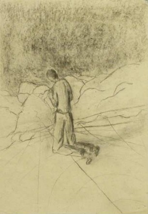 kniende Figur in Felslandschaft