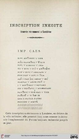 Sér. 5: Inscription inédite trouvée récemment à Lambèse