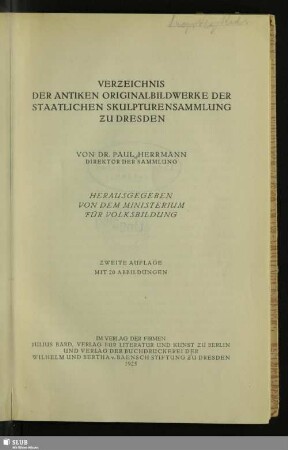 Verzeichnis der antiken Original-Bildwerke der Staatlichen Skulpturensammlung zu Dresden