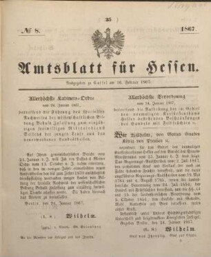№ 8. Ausgegeben zu Cassel am 16. Februar 1867.