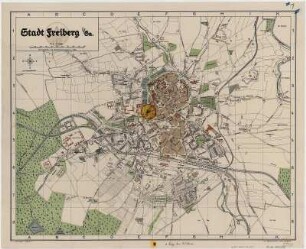 Stadt Freiberg i. Sa., 1:10 000, 1938 : Stadt Freiberg i. Sa. / herausgegeben vom Stadtvermessungsamt. - 1:10 000. - Freiberg : E. Lange , 1938. - 1 Kt. : mehrfarb. , 54 x 42 cm, gefaltet