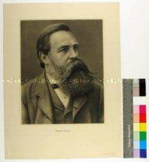 Reproduktion eines Porträts des Philosophen und Gesellschaftstheoretikers Friedrich Engels nach einer unbekannten Fotografie (in russischer Sprache betitelt)