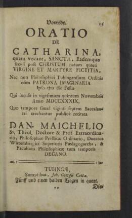 Vorrede. Oratio de Catharina.