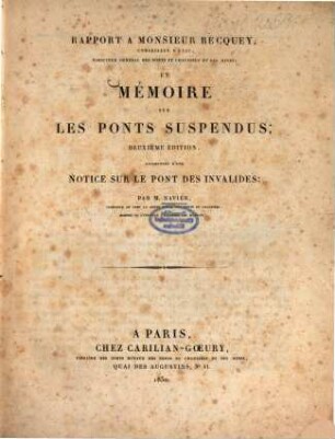Rapport à Monsieur Becquey et Mémoire sur les Ponts suspendus