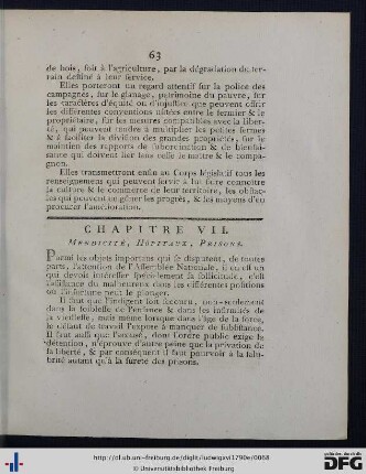 Chap. VII. Mendicité, Hôpitaux, Prisons.