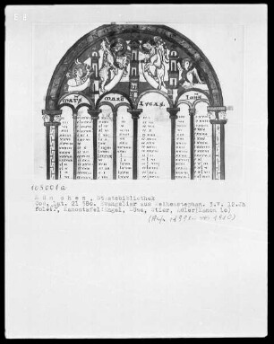 Evangeliar aus Weihenstephan — Kanontafel mit einer Miniatur im Bogen, Folio 20verso