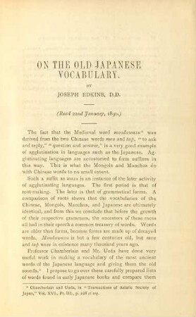 On the old Japanese vocabulary. By Joseph Edkins, D.D.