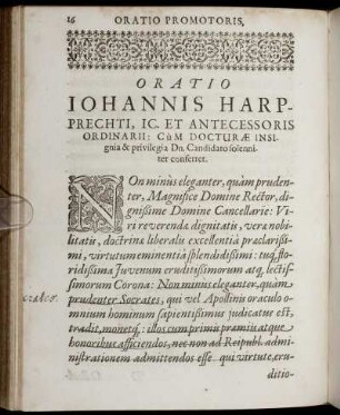 Oratio Iohannis Harpprechti, Ic. Et Antecessoris Ordinarii: Cum Docturæ Insignia & privilegia Dn. Candidato folenniter conferret.