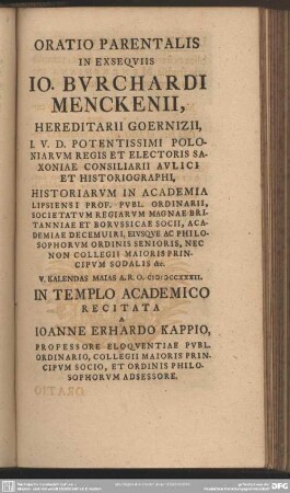 Oratio Parentalis In Exsequiis Jo. Burchardi Menckenii
