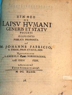 De Lapsu Humani Generis Et Statu Peccati