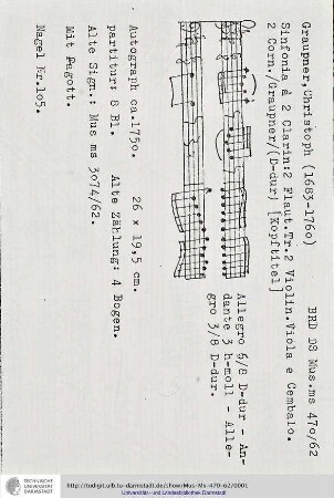 Sinfonia / à 2 Clarin: 2 Flaut. Tr. 2 Violin. Viola e Cembalo. 2 Corn./ [Graupner]